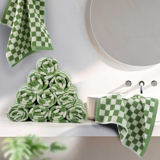 Jacquotha Wash Cloths Super Soft (Green Checkered), Wash Clothes 12 Pack Cotton Face Cloths for Washing Face Showering 13x13 Inches, Chrsitmas Gifts