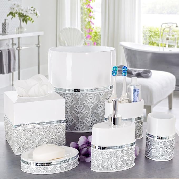 Creative Scents Mirror Damask Small Bathroom Trash Can 1.58 Gal / 6L - Decorative Oval White and Gray Waste Basket - Durable Bathroom Wastebasket - Waste Bin for Powder Room Or Bedroom