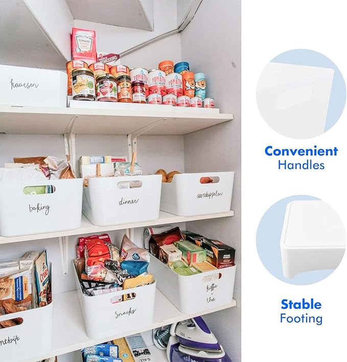Ytteve Medium 8-Pack White Plastic Storage Bins - 9.5"x6.7"x4.1" Shelf & Cabinet Organizer Bins for Closet, Kitchen Pantry, Bathroom, Office
