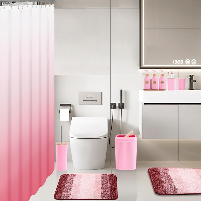 Bathroom Accessories,Bathroom Set with Shower Curtain,Rugs,Trash Can,Lotion Soap Dispenser,Toothbrush Holder,Soap Dish, Tags with Tray（Pink1 ），（Bath Set+Shower Curtain+Bath Rugs）