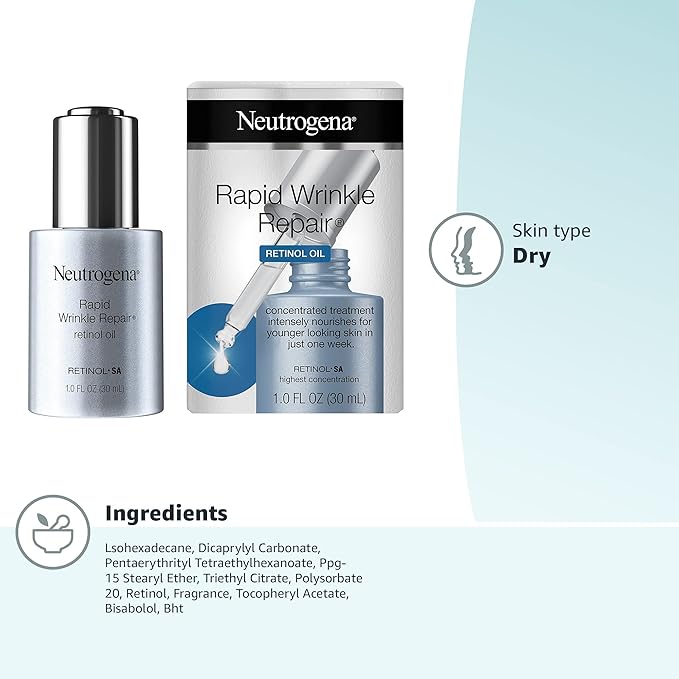 Neutrogena Rapid Wrinkle Repair Retinol Face Oil, Daily Anti-Aging Face Serum to Fight Fine Lines, Deep Wrinkles, & Dark Spots, 1.0 fl. oz,(Pack of 2)