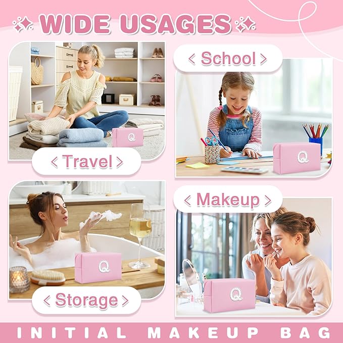 ChaoGreat Bride Gifts – Personalized Initial Makeup Bag with Pearl Rhinestone Patch, Preppy Pink Monogram Cosmetic/Toiletry Pouch, bridesmaid Gifts, Bridal Shower Gifts, Wedding Gifts, Bridal Gifts,Q
