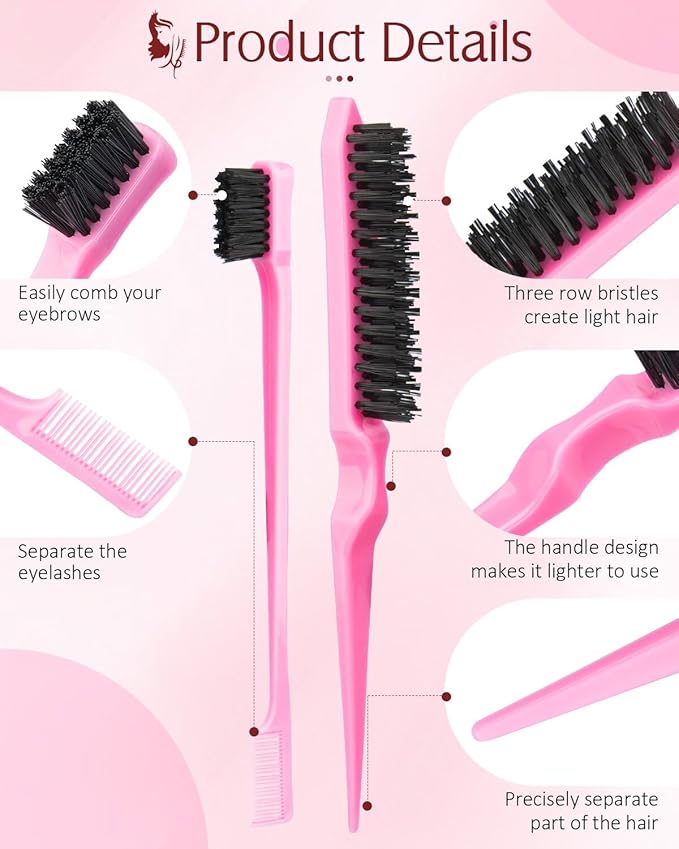 Aigee 8Pcs Hair Styling Combs Set Include 4Pcs Topsy Hair Tail Tools 2 Styles of Rat Tail Comb,1Pcs Bristle Teasing Slick Back hair Brush,1Pcs Edge Control Brush,Eyebrow Brush for Woman Girl Pink