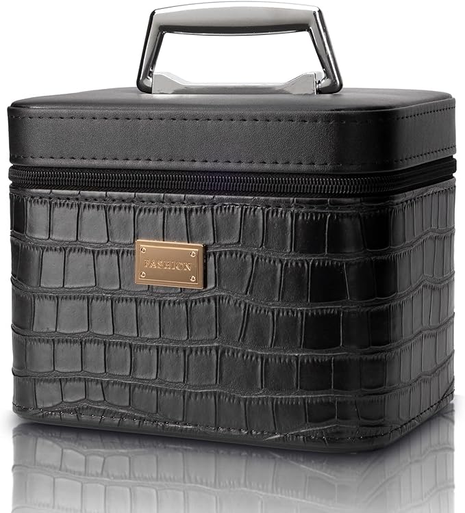 Fashion makeup box, Portable leather hard cosmetic case with mirror, Professional train case make up box for women adults. (Black)