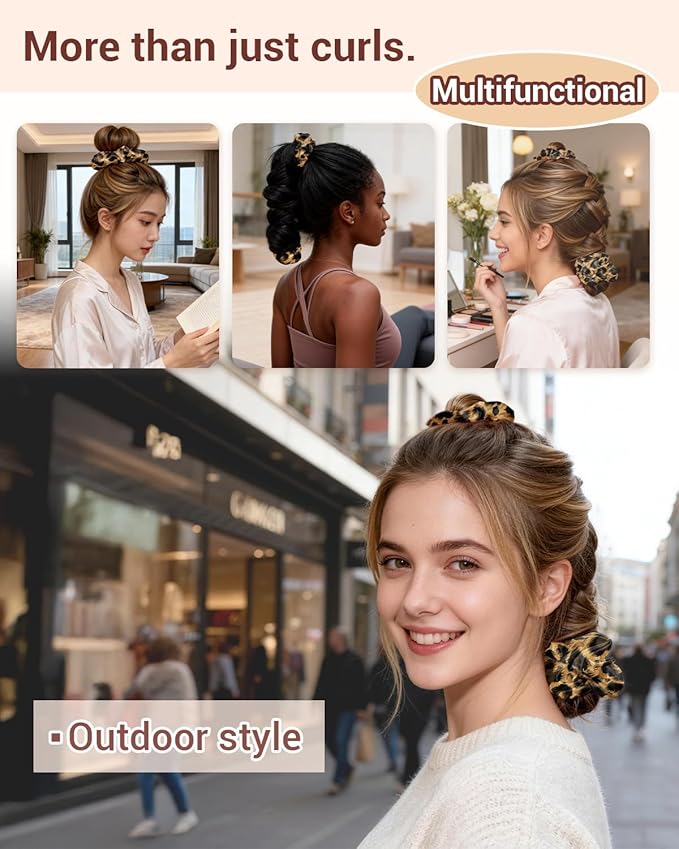 BONNET QUEEN Satin Heatless Hair Curler, Overnight Curls for Long Hair, ultra soft Heatless Curling Rod & 2 Scrunchies,Damage-Free Styling, Soft Hair Curlers for Overnight Use(Leopard)