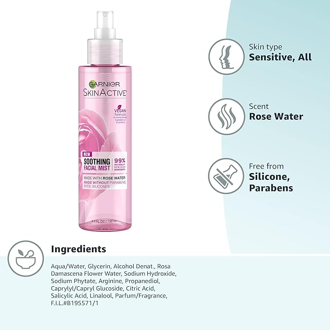 Garnier SkinActive Facial Mist Spray with Rose Water, 4.4 Fl Oz (130mL), 1 Count (Packaging May Vary)