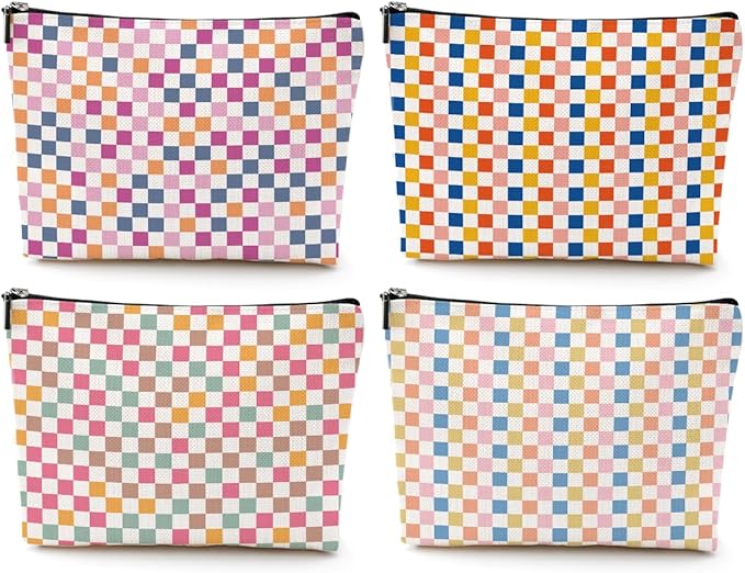 4 Pcs Checkered Makeup Bag Make up Bag Cosmetic Bags for Women Girls Sister Nurse Bridesmaid Friendship Christmas Birthday Travel Toiletry Bags Aesthetic Zipper Organizer Accessories, Cute Retro Plaid