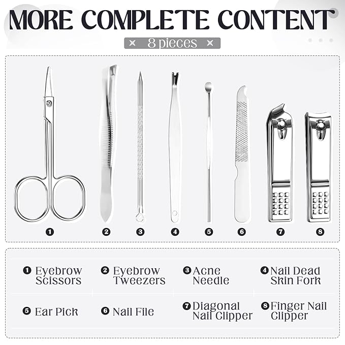Geosar 12 Set 8 in 1 Manicure Set Stainless Steel Nail Clippers Kit Pedicure Care Tools with Leather Case Travel Grooming Kit Gift for Women Men Gift(Glitter Dark Red)