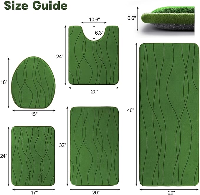 YIHOUSE Memory Foam Bathroom Rug Sets 5 Piece, Ultra Absorbent Bath Mat for Bathroom - Non-Slip Machine Washable & Dry Quickly, 5 Piece Bathroom Mat Set (Glass Green, 5 Pieces)