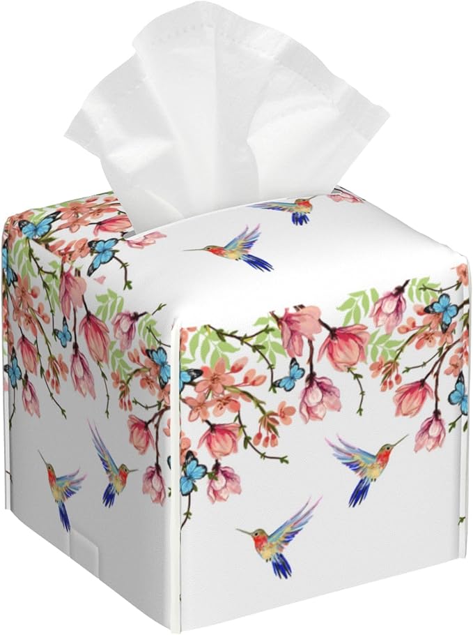 Hummingbird and Flowers Tissue Box Cover Square,Pink Floral Bird Butterfly Tissue Box Holder Waterproof Leather Facial Paper Organizer Dispenser for Bathroom Home Car Nightstand Vanity Desk
