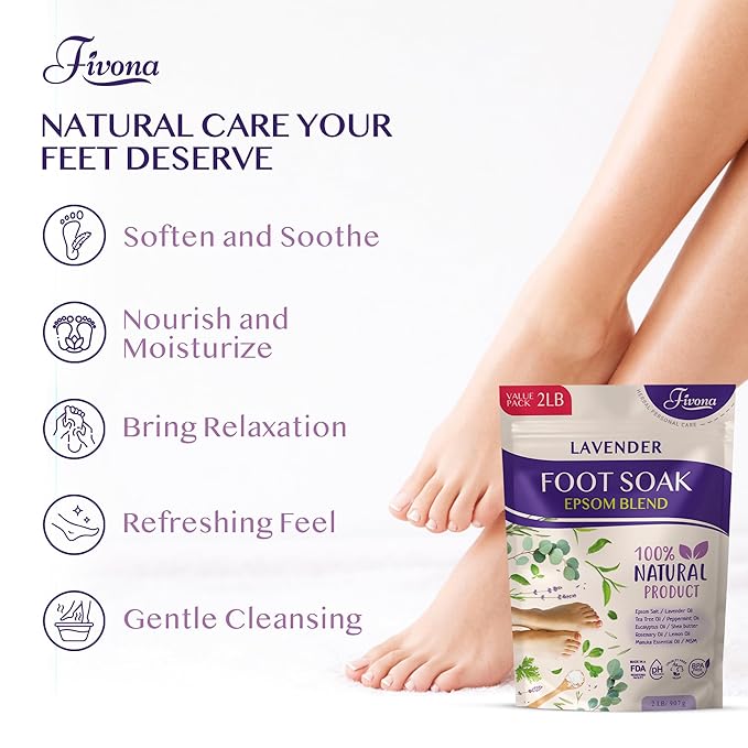 Foot Soak Epsom Salt with Lavender - Value Pack - 2 LB - Calming Foot Bath Salt, Relax & Renew Tired Feet, Soothe Soreness, Soften Calluses - Rejuvenating Pedicure Spa at Home