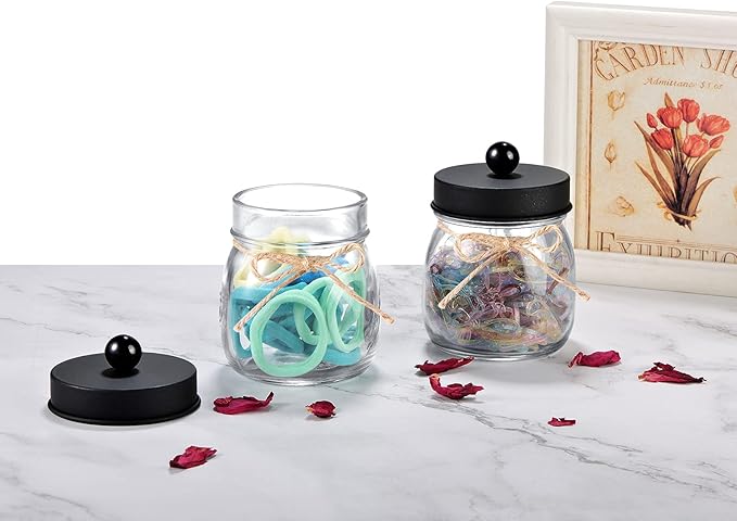 SheeChung 6 Pack Qtip Holders with Labels, Bathroom Organizers and Storage, Bathroom Decor, Apothecary Jars with Lids, Small Mason Jars for Qtips, Cottons, Floss, Balls, Cotton Swabs-Black