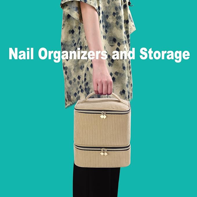 Corduroy Nail Polish Organizer and Nail Lamp Case, Nail Kit Organizer Holds 30 Bottles (15ml - 0.5 fl.oz) and a Nail Lamp, Nail Polish Carrying Case with Manicure Tools Storage Sections (Brown)