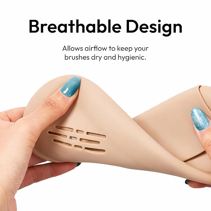 Éclat Silicone Makeup Brush Holder Travel, 3 in 1 Portable Bag With Anti-Fall Out Magnetic Closure & Cleaner Mat Case, Soft Cosmetic Tool Organizer Pouch Keeps Brushes Clean & Dust Free (Beige)