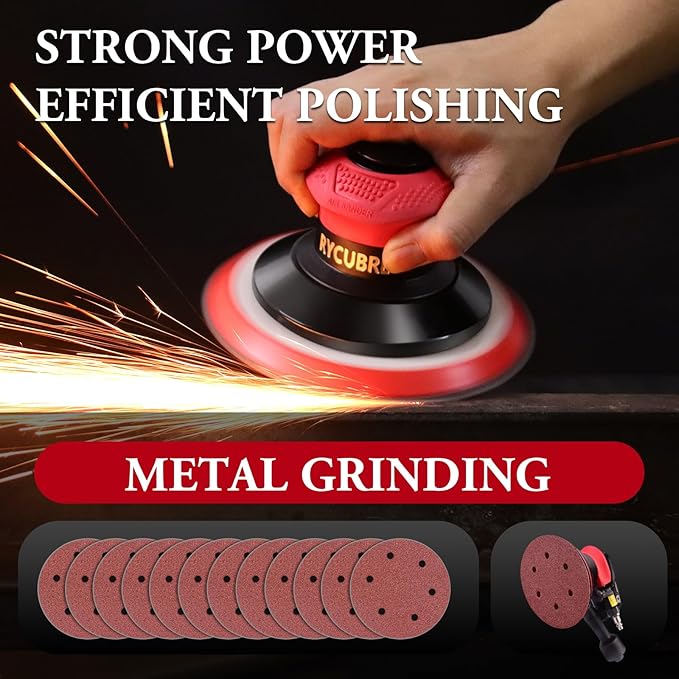Air Sander with vacuum – 6 Inch DA Palm Sander for auto body, High-Speed Random Orbital Pneumatic Sander for Woodworking & Auto Polishing (including 12 sandpaper + accessories)