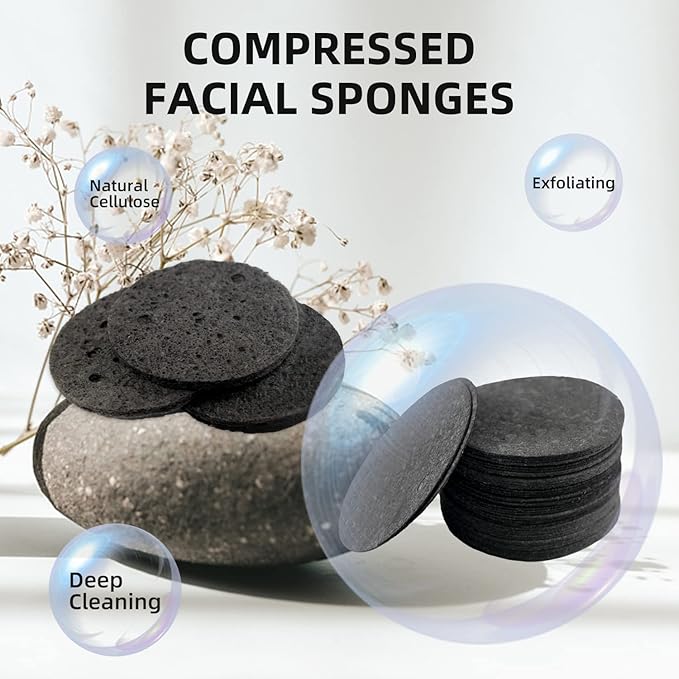 50-Count Facial Sponges Compressed Natural Cellulose Sponge Round Shape Face Sponge for Face Cleansing Exfoliating and Makeup Removal, Black