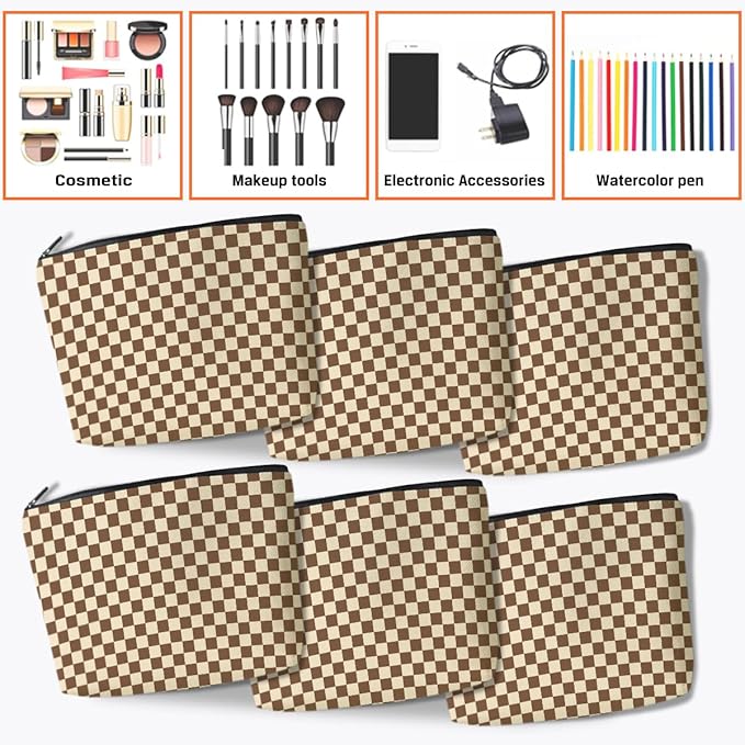 6 Pcs Checkered Makeup Bags Make up Bag Cosmetic Bags for Women Girls Wife Mom Aunt Valentine's Day Christmas Birthday Travel Toiletry Bag Aesthetic Zipper Organizer Accessories, Cute Brown Plaid