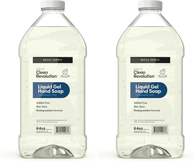Clean Revolution Liquid Gel Hand Soap, Silky Rich Liquid, Quick Lather, Fast Rinsing (Fragrance Free) 64 Fl Oz (Pack of 2)