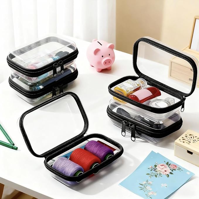 2PC Black Small Clear Hard Shell Zipper Case, Double Zippers Plastic Storage Box for Snacks Makeup Toiletries & Cosmetic Tools