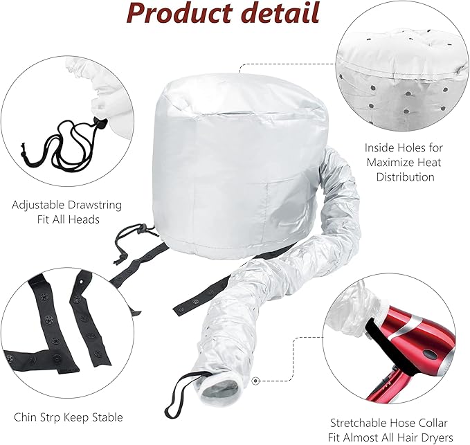 Portable Hair Dryer Bonnet Attachment for Hair Styling, Hair Color, Hair Condition and More - Silver