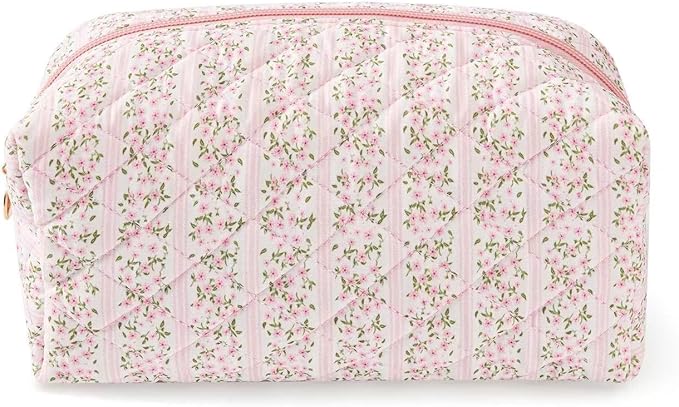 Floral Makeup Bag,Floral Quilted Makeup Pouch,Large Cosmetic Bag,Fashionable Travel Makeup Pouch, Cute Pink Makeup Bag,Puffy Coquette Make up Bag, Attractive Quilted Make up Bag