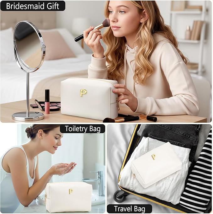 Kigeli Initial Makeup Bag for Women Beige Leather Easter Basket Gifts Monogram Cosmetic Bag Small Travel Toiletry Pouch Wedding Birthday Graduation Bridesmaid Gifts for Teen Girls Women Teachers(P)