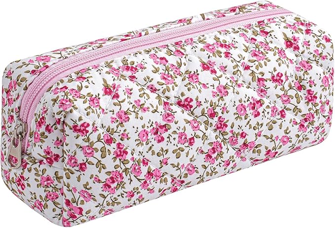 Cute Floral Makeup Brush Bag Small Cotton Quilted Cosmetic Bag for Women Travel Toiletry Zipper Make Up Pouch (Red Floral)
