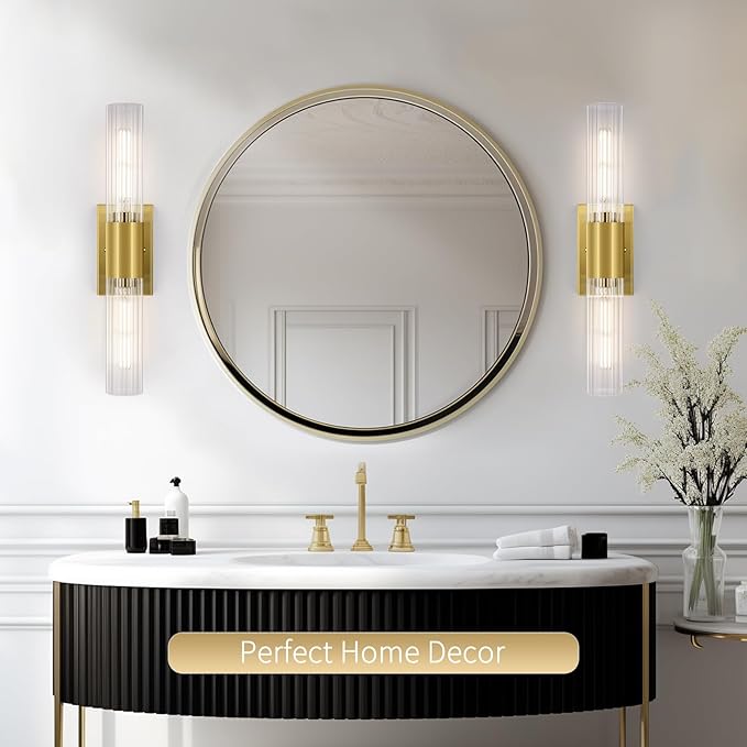 21" Gold Bathroom Sconces Set of 2 , Modern Wall Sconces Set of Two with Threaded Glass, Hardwired Up Down Wall Lighting Vanity Fixtures for Bedroom Bathroom Living Room Hallway (Bulb Not Included)