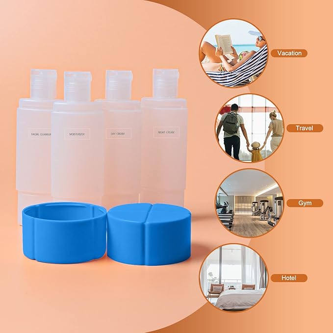 Olatay 4-in-1 Leak-Proof Travel Bottle, 4 * 60ml/2oz, with 2 Pre-printed Labels, TSA Approved, Carry-On Travel Size Toiletries for Women & Men (Blue)