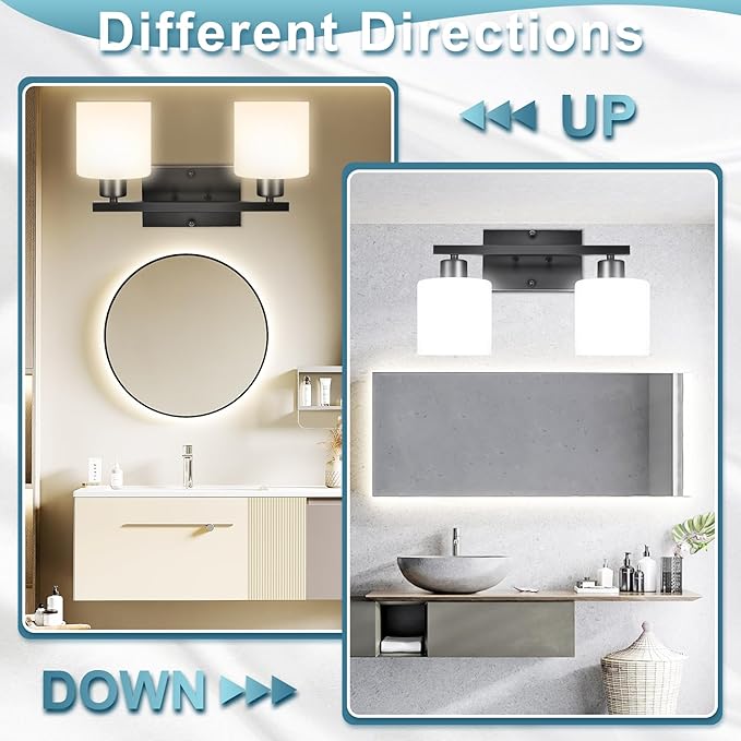 CANMEIJIA 2-Light Bathroom Vanity Light Fixtures, Matte Black Vanity Wall Scones Lighting for Bedroom Living Room, Modern Vanity Lights with Milky White Glass Shades, E26 Socket, Bulbs Not Included