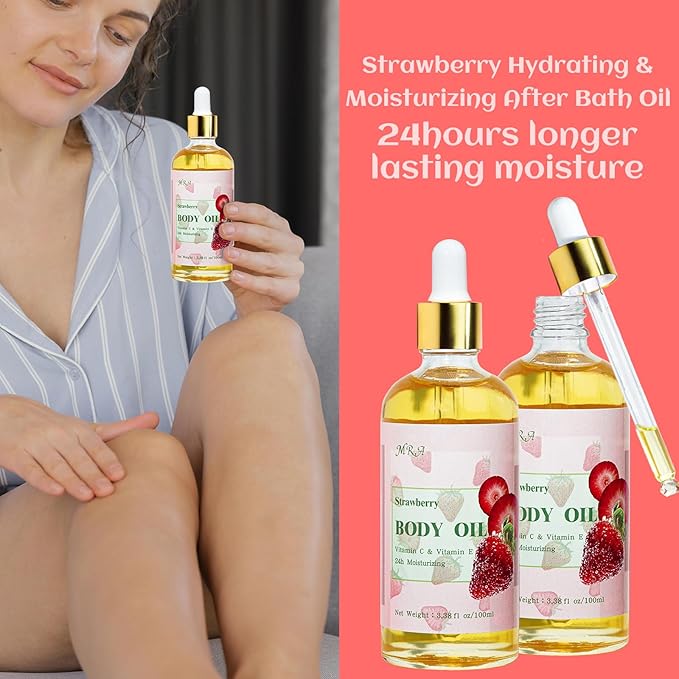 MR.A 2 Pack Strawberry Body Oil Juice Scented, Vitamin E Body Oil after Shower, Strawberry Shortcake Body Moisturizer Bath Oil for Dry Skin, Guasha Oil with Guasha Tool