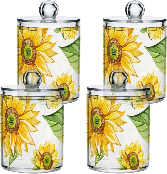 2 Pack Qtip Holder Dispenser for Cotton Ball Yellow Sunflower Flower Cotton Swab Cotton Round Pads Clear Plastic Acrylic Jar Set Bathroom Canister