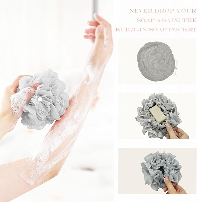 2-Pack Loofah Washcloth Combo 2-in-1, Exfoliating Soap Saver Pouch with Bar Soap Pocket, Reusable Shower Sponge for Body Wash & Smooth Skin,(Brown + Gray)