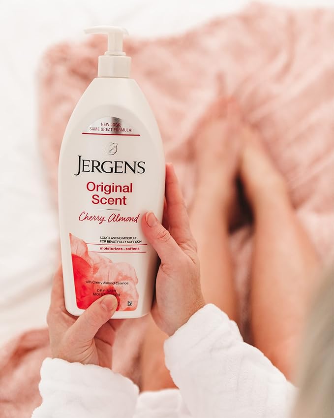 Jergens Original Scent Dry Skin Lotion, Body and Hand Moisturizer for Long Lasting Skin Hydration, with HYDRALUCENCE blend and Cherry Almond Essence, 32 Ounce (Pack of 2)