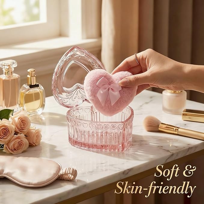 Body Powder Puff and Container, Soft Powder Puff,Glass Box for Dust Puff,Powder Puff for Body Powder,Powder Puff Wet Dry Makeup,Powder Applicator With Case for Dusting Powder (pink)