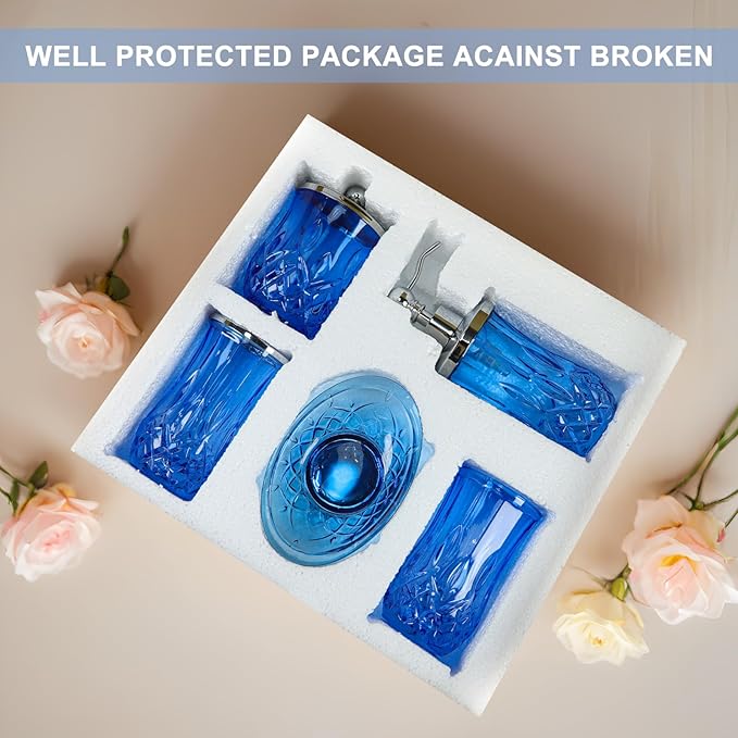 Bathroom Accessories Set,5 Pcs Blue Glass Bathroom Accessory Set,Complete Lotion Soap Dispenser,Toothbrush Holder,Soap Dish,Tumbler & Jar,Modern Bathroom Decor Sets Gift,Round