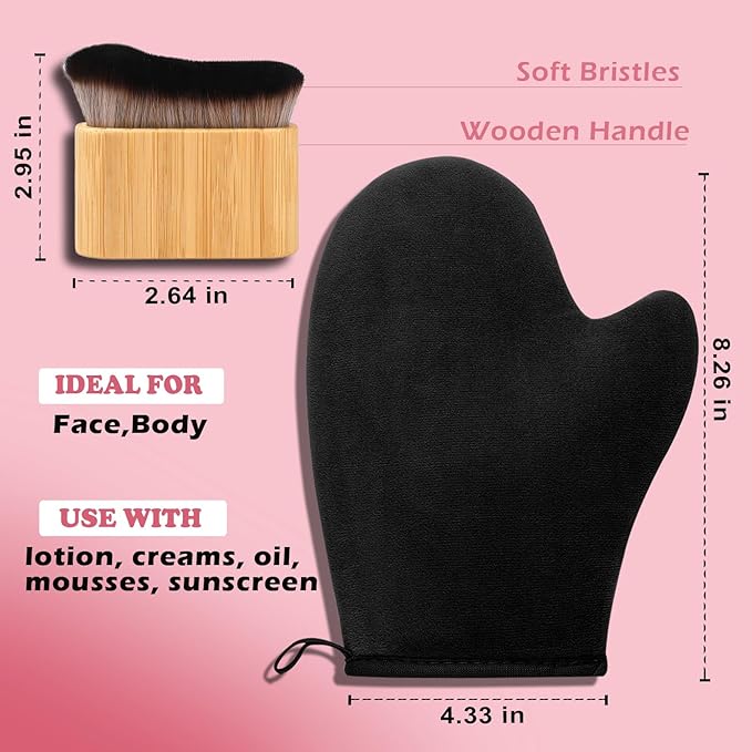 Self Tanning Mitt and Kabuki Brush 2 in 1 Set Double Sided Velvet Glove with Non Slip Grip and Ergonomic Applicator for Streak Free Sunless Tan Body Face
