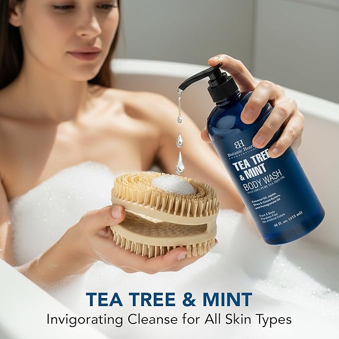 Botanic Hearth Tea Tree & Mint Body Wash with Silicone Dual-Sided Design Body Brush & Scrubber | Infused with 100% Pure Tea Tree Oil, Coconut, Jojoba |Foot & Body Cleanser | Paraben Free |16 fl oz
