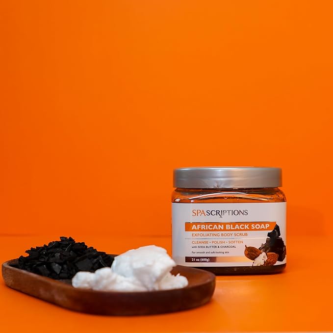 SpaScriptions African Black Soap Sugar Scrub - Detoxifying Body Scrub Exfoliator with Shea Butter & Charcoal, Ideal for Oily or Congested Skin, Supports Deep Pore Cleansing & Clarifying Skin, 21 oz