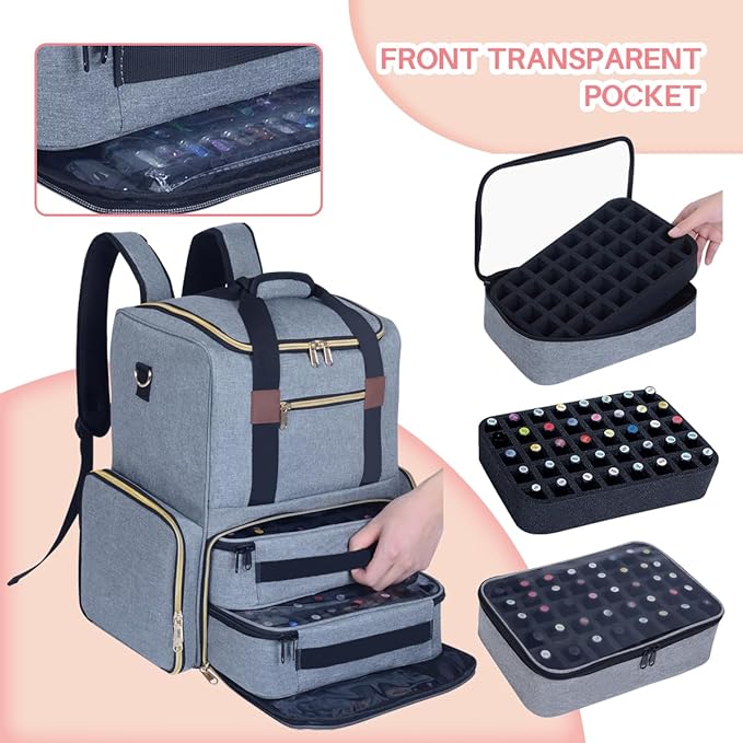 Nail Polish Organizer Backpack Holds 80 Bottles and a Nail Lamp Supplies with 2 Removable Cases Storage Bag Professional Travel Case for Manicurist (Grey)
