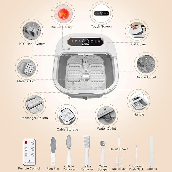 Collapsible Foot Spa Bath with Heat, Touch Screen, Remote Control, Massage Rollers, Timer, Bubble, Foot Pedicure Kit, Temperature Control Pedicure Foot Spa, Foot Bath