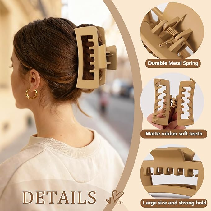 6 PCS Rectangle Hair Clips for Women and girls, 4.1 Inch Extra Large Claw Clips for Thick Thin Hair, Strong Hold Non Slip Big Square Banana Jaw Clips Hair Accessories, Neutral Color