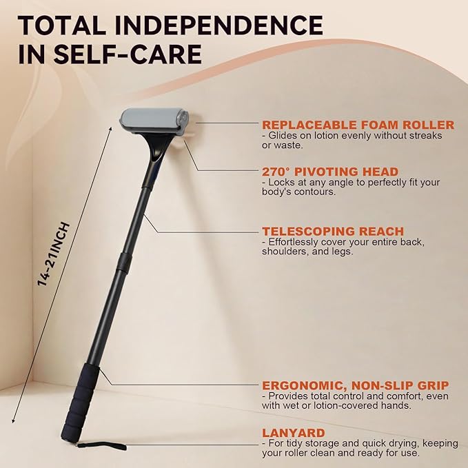 Lotion Applicator for Back&Body-Extendable up to 21.5" Back Lotion Applicator with 3 Roller and 2 Finger caps for Back self,Lotion Stick & Sunscreen Applicator for Skin Cream,Oils & More,Black