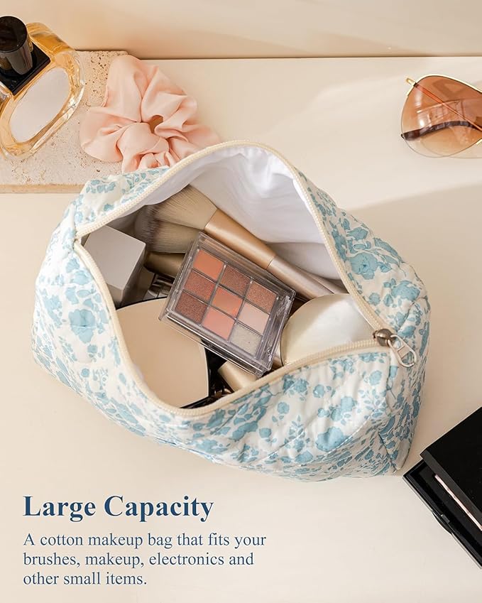 HBselect Initial Quilted Makeup Bag, Cotton Large Travel Makeup Bag, Cute Floral Coquette Make up Bag Cosmetic Bag Toiletry Bag for Women Girls N