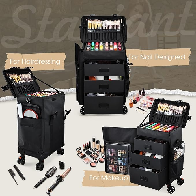 Stagiant Rolling Makeup Case 4 in 1 Soft Sided Professional Cosmetology Case on Wheels Freelance Makeup Artist Nylon Cosmetic Organize Storage Nail Technician Hair Stylist 3 Drawers Black