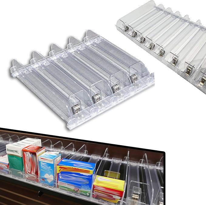 STORE FIXTURES DIRECT Auto Feed Shelf Product Pusher Kit, Adjustable Width Spring Loaded Merchandise Glider Pushing System, Kit for [10] 12" L Shelves - [40 Shelf Pushers + 50 Dividers]
