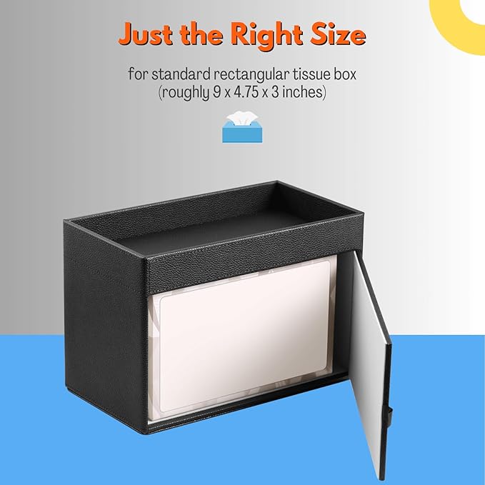 LAMOTI Rectangular Tissue Box Cover with Storage Tray, Leather Facial Tissue Box Holder for Bathroom, Office Table, Countertop, Night Stand & More (Black)