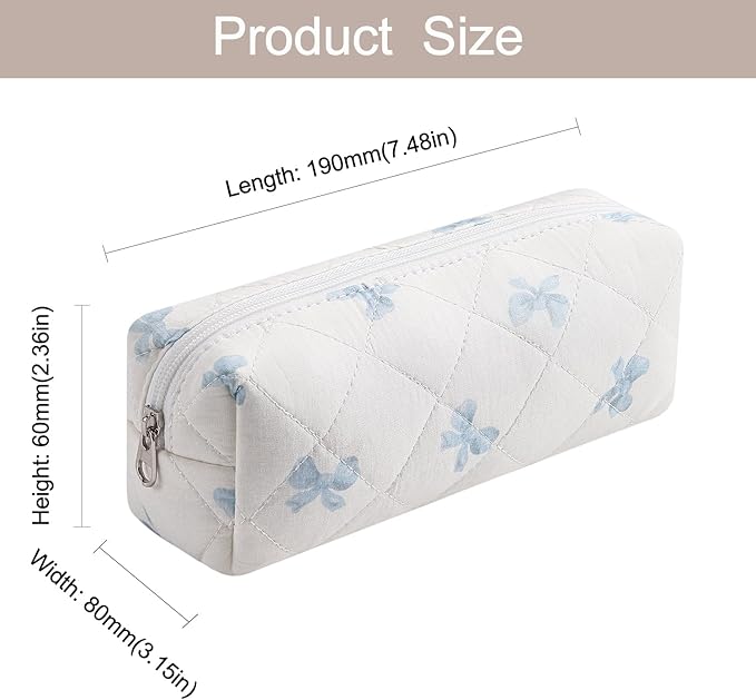 Cute Floral Makeup Brush Bag Small Cotton Quilted Cosmetic Bag for Women Travel Toiletry Zipper Make Up Pouch (Blue Small Bowknot)