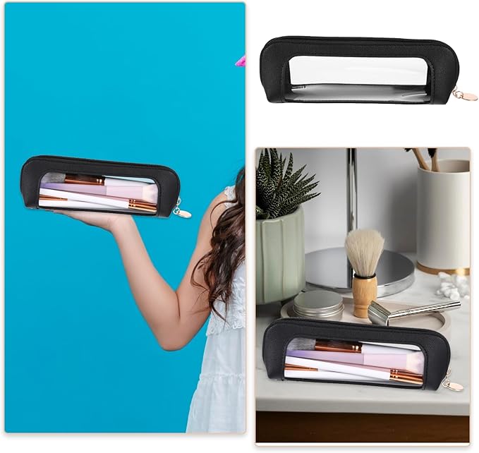 Clear Makeup Bag, PU Leather Mini Makeup Pouch Portable Makeup Brush Case Transparent Waterproof Cosmetic Organizer Pouch with Zipper for Women Home Travel Office Makeup Storage (Black)