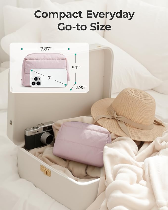 BAGSMART Puffy Makeup Bag, Wide Opening Cosmetic Bag Compact & Spacious, Water-Resistant Travel Organizer Pouches for Women (Baby Pink)